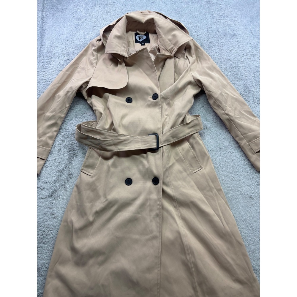 Fashion Nova Tan Hooded Trench Coat Double Breasted Belted Jacket Womens Medium